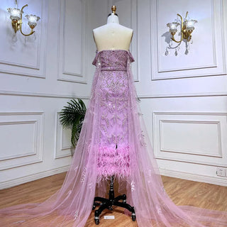 Lilac Majesty: 2024 Mermaid Ankle-Length Midi Feather Beaded Luxury Evening Dress with Cape - Gown for Women's Party