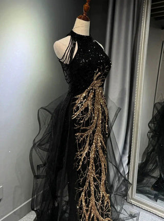 Black Gown with Gold Embroidery and Tulle Overlay