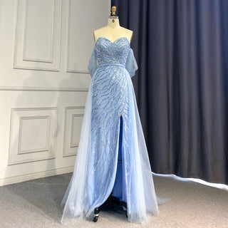 Ships in 1 to 3 Days - 2024 Arabic Blue Mermaid Evening Gown: Sexy High Split with Beaded Elegance - Ideal for Women's Party Glamour