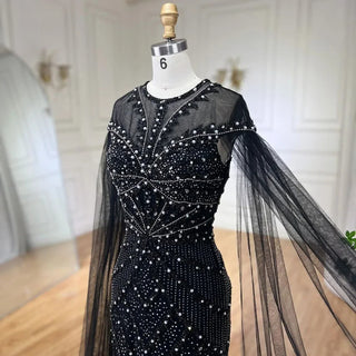 2024 Dubai Arabic Black Mermaid Elegant Cape Sleeves Beaded Luxury Evening Dresses Gown Women Wedding Party