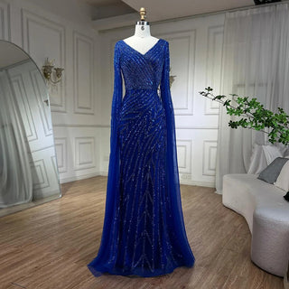 Arabic Mermaid Blue Beaded Elegant Cape Sleeves Luxury Evening Dress Gown for Women Wedding Party 2024