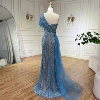 2024 Green Mermaid High Split One Shoulder Beaded Evening Dress: Gowns for Women's Wedding Party