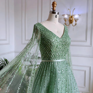 Mint Cape Sleeves A-Line Beaded Luxury Dubai Evening Dress: Long 2024 Celebrity Gown for Women's Party