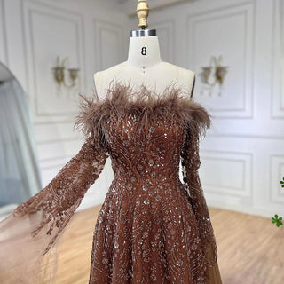 2024 Brown Feathers Beaded Evening Dress with Cape Sleeves - A-Line Gown for Women's Wedding Party