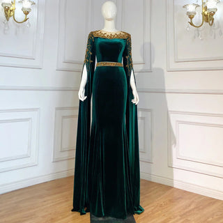 Muslim Green Cape Sleeves Evening Dress 2024 - Beaded Elegant Mermaid Velour Gown