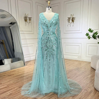 Arabic Silver Mermaid Cape Sleeves Beaded Evening Dress Luxury Gown 2024 for Women Wedding Party