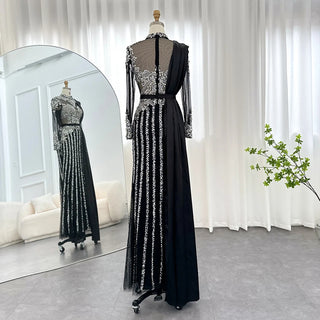 Luxury Crystal Dubai Muslim Evening Dress with Overskirt: Gray Arabic Formal Dresses for Women at Wedding Parties