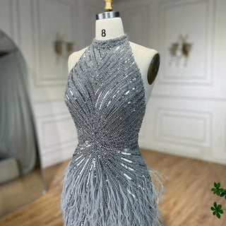 Dubai Halter Beige Feathers Beaded Formal Luxury Mermaid Evening Dress for Women Wedding Party 2024