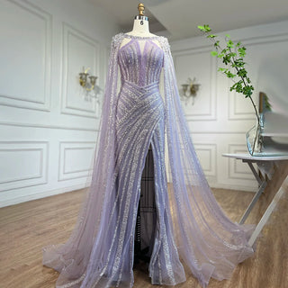 Lilac Mermaid Evening Gown 2024: Cape Sleeves, Luxury Beaded, Open Split for Women's Wedding Party