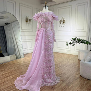 Elegant Arabic Peach Mermaid Evening Gown with Pearl and Beaded Detailing