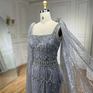 Bling Gray Mermaid Arabic Evening Dress with Cape Feather: Prom Formal Attire for Women's Wedding Party