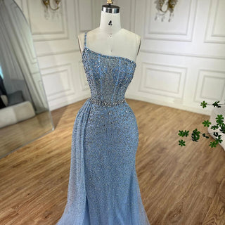 Turquoise Mermaid One Shoulder With Overskirt Beaded Evening Dresses Gowns: 2024 For Women Wedding Party