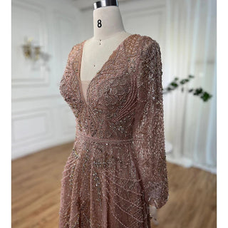 Gold A-Line Luxury Sexy Evening Dress 2024 - Pearls Crystal Long Sleeves Formal Gown