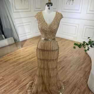 Ships in 1 to 3 Days - Luxury Dubai Arabic Mermaid Gold Elegant Tassel Beaded Evening Dresses Gowns for Women's Wedding Party 2024