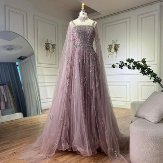 2024 Arabic Nude A-Line Cape Sleeve Crystal Beaded Saudi Evening Dresses Gowns for Formal Occasions