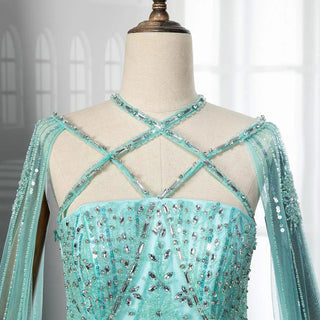 Arabic Luxury Dubai Mermaid Blue Evening Gown with Cape Sleeves and Beading for Women's Party 2024