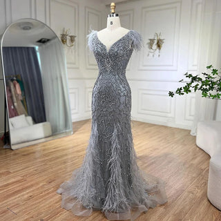 Champagne Mermaid Sleeveless Evening Dress: Elegant Formal Luxury with Diamond Feathers 2024