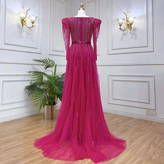 Dubai Fuchsia Elegance: Luxury Evening Dress with Long Sleeves, Overskirt, and Arabic-inspired Elegance for Women at Wedding Parties and Formal Events.