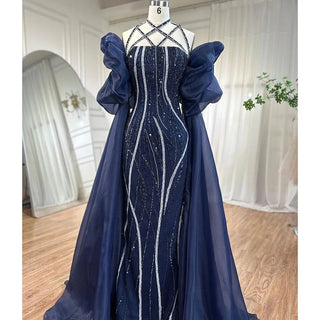 Ships in 1 to 3 Days - Arabic Navy Blue Elegant Mermaid Evening Dress with Balloon Sleeves - Beaded Luxury Dubai Gown for Women's Party