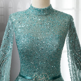 Turquoise Elegance: 2023 A-Line Cape Sleeves Muslim Luxury Beaded Evening Dress - Party Gown for Women