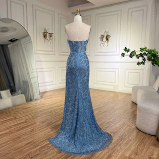 Ships in 1 to 3 Days - Arabic Turquoise Strapless High-Split Mermaid Beaded Luxury Evening Gown for Women Wedding Party 2024