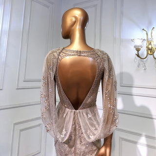 Dubai Glamour: 2024 Nude V-Neck Evening Dress with Crystal Embellishments, Sleeveless Shawl Yarn, and Formal Elegance