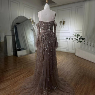 Chic Arabic Luxury Nude Mermaid Evening Dress with High Split, Beaded Feathers - Long 2024 Gown for Women's Wedding Party