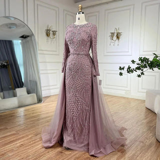 Ships in 1 to 3 Days - Silver Nude Mermaid Over Skirt Beaded Luxury Dubai Evening Dress Gown Long for Women Wedding Party 2024