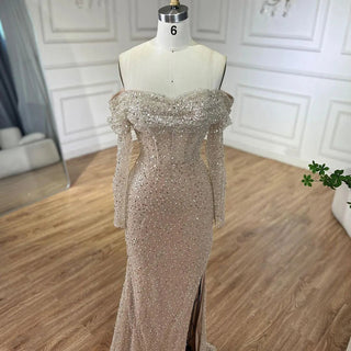 Ships in 1 to 3 Days - Arabic Nude Mermaid One-Shoulder Beaded Luxury Dubai Evening Dress - Gown for Women's Wedding Party 2024