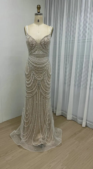 Stunning Spaghetti Straps Mermaid Evening Party Dress - Luxury Arabic Pearls with Lace-Up Back for Wedding Guests