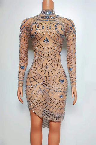 Luxury Long Sleeve Beaded Mesh Dress