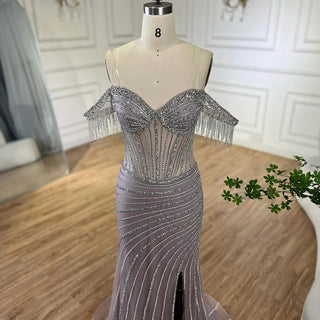 Ships in 1 to 3 Days - 2024 Silver Nude Off-Shoulder Mermaid Elegant Beaded Tassel Evening Dresses Gown for Women Wedding Party