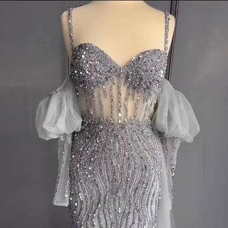 Ships in 1 to 3 Days - Sexy Gray Beaded Mermaid Evening Gown 2024: Spaghetti Straps, High Split, Balloon Sleeves for Party