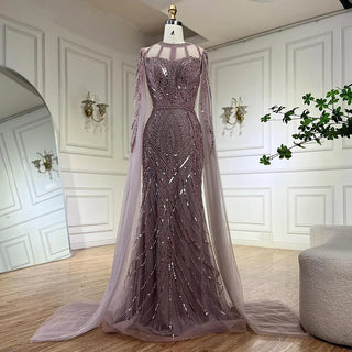 2024 Arabic Caramel Mermaid Evening Dress with Beaded Elegant Cape Sleeves Gown for Women's Wedding Party