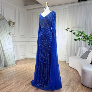 Arabic Mermaid Blue Beaded Elegant Cape Sleeves Luxury Evening Dress Gown for Women Wedding Party 2024