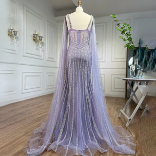 Lilac Mermaid Evening Gown 2024: Cape Sleeves, Luxury Beaded, Open Split for Women's Wedding Party