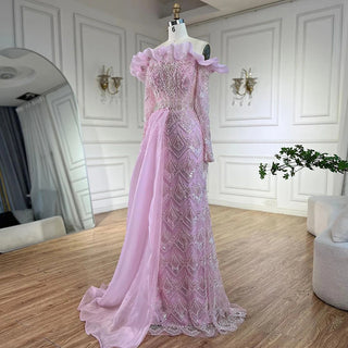 Elegant Arabic Peach Mermaid Evening Gown with Pearl and Beaded Detailing