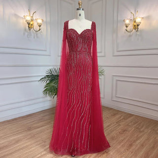 Arabic Luxury Beaded Mermaid Evening Dress with Cape Sleeves for Women Wedding Party 2024