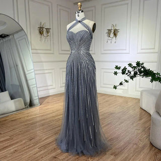 Dubai Azure: 2024 Turquoise Spaghetti Strap A-Line Luxury Beaded Evening Dress - Gown for Women's Wedding Party