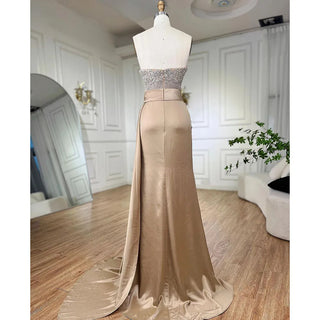 High Split Mermaid Nude Evening Dress 2024: Sexy Strapless Gown with Crystal Beading