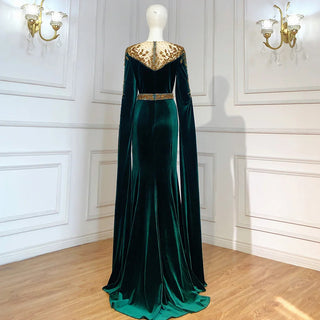 Muslim Green Cape Sleeves Evening Dress 2024 - Beaded Elegant Mermaid Velour Gown