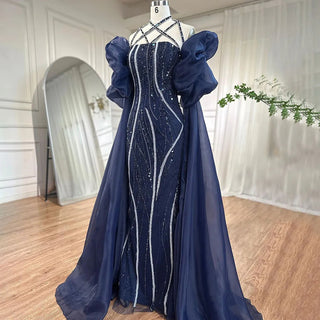 Arabic Navy Blue Elegant Mermaid Evening Dress with Balloon Sleeves - Beaded Luxury Dubai Gown for Women's Party