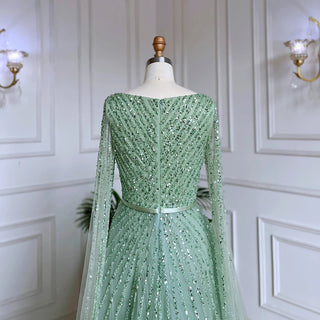 Mint Cape Sleeves A-Line Beaded Luxury Dubai Evening Dress: Long 2024 Celebrity Gown for Women's Party