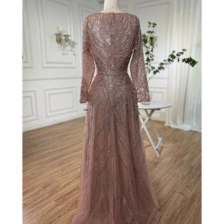 Gold A-Line Luxury Sexy Evening Dress 2024 - Pearls Crystal Long Sleeves Formal Gown