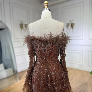 2024 Brown Feathers Beaded Evening Dress with Cape Sleeves - A-Line Gown for Women's Wedding Party