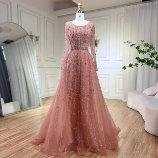 Dubai Arabic Designer Luxury Nude A-Line Beaded Evening Dress - Women's Wedding Party Gown (2024)