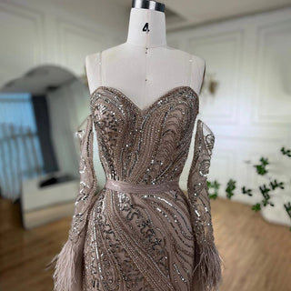 Chic Arabic Luxury Nude Mermaid Evening Dress with High Split, Beaded Feathers - Long 2024 Gown for Women's Wedding Party