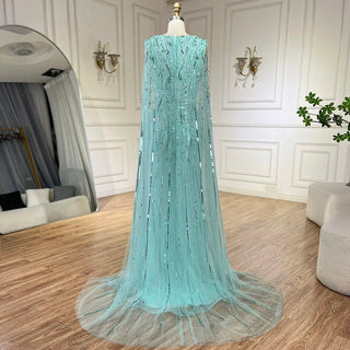 Arabic Silver Mermaid Cape Sleeves Beaded Evening Dress Luxury Gown 2024 for Women Wedding Party