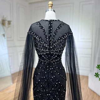 2024 Dubai Arabic Black Mermaid Elegant Cape Sleeves Beaded Luxury Evening Dresses Gown Women Wedding Party