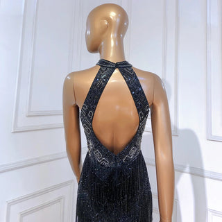 Mermaid Tassel Luxury Halter Evening Dress: Rhinestones, Pageant Gown, Sleeveless, Slit